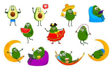 Cartoon mexican avocado characters vector set. Cute vegetable sleep and sit on the moon, showing muscles, jump with rope and dancing flamenco. Eating watermelon or nachos, reading book, work on laptop