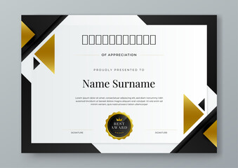 Black white and gold vector professional and modern award corporate certificate design template. For award, business, diploma, workshop, award, graduation, completion, competition and education