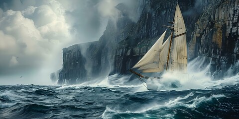 Powerful depiction of vintage sailboat navigating stormy seas near rocky cliffs portraying the force of nature in historical sailing expeditions. Concept Historical Sailboat, Stormy Seas - obrazy, fototapety, plakaty