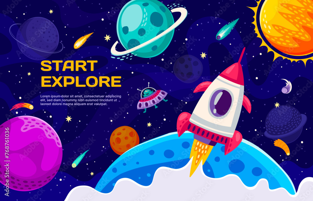 Poster rocket launch. business fast start concept. vector banner for startup project or product presentatio