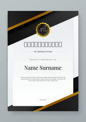 Black white and gold certificate of appreciation border template with luxury badge and modern line and shapes. Certificate of achievement, awards diploma, education, school