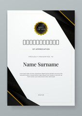Black white and gold certificate design with luxury and modern certificate award design template pattern. Certificate of achievement, awards diploma, education, school