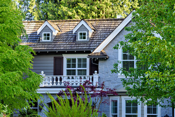 Top of frontside luxury residential house in shadow of the trees