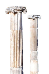 Two isolated ancient Greek columns with Ionic capitals, png, no background, natural marble texture,...