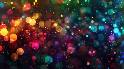 Multicolor bokeh, raining light, blurry lights, blurry background, rainbow confettis on a black background, colorful, night lights, city lights, haze, depth of field, round bokeh, circle bokeh  - obrazy, fototapety, plakaty