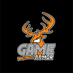 Deer hunting game mascot logo design. vector logo of deer head with rifle