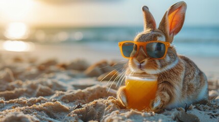 Rabbit Wearing Sunglasses Drinking on Beach