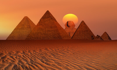 Giza Pyramid Complex at amazing sunset - Cairo, Egypt - obrazy, fototapety, plakaty