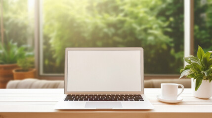 Laptop with blank screen and coffee cup on wooden table in front of window at home