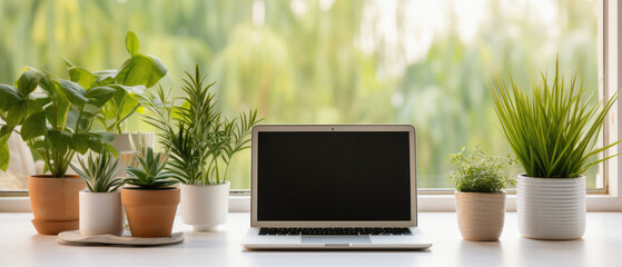 Laptop with blank screen on table in front of window with green plants