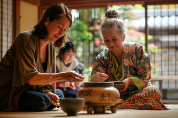 Foreign tourists experiencing Japanese traditions./日本の伝統を体験する外国人観光客