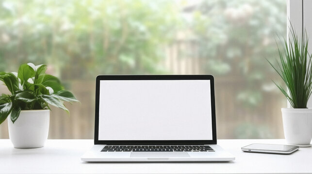 Laptop with blank screen on white table in office, mockup