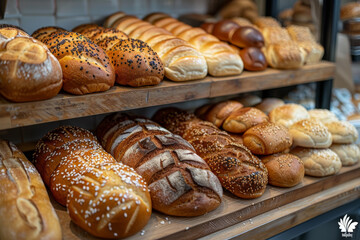 Breads on supermarket , Different bread, baguettes, bagels, bread buns, and a variety of other fresh bread on display on grocery store bakery shelves, 