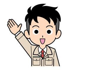 手を上げる営業マンの男性