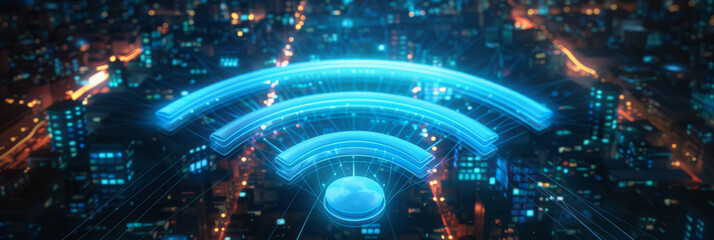 A blue wireless network symbol glowing in the dark,  digital connections and technology elements. futuristic