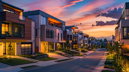 Obraz premium evening outdoor urban view of modern real estate homes, AI Generative.