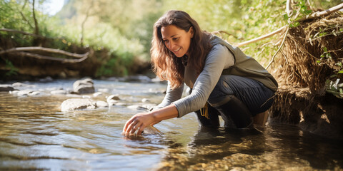 Biologin untersucht die Wasserqualität eines Flusses