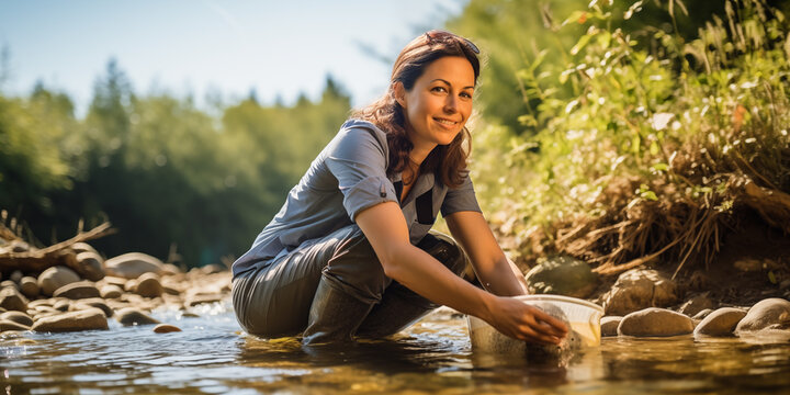 Biologin untersucht die Wasserqualit&auml;t eines Flusses