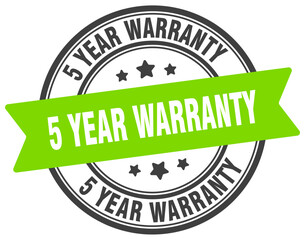 5 year warranty stamp. 5 year warranty label on transparent background. round sign