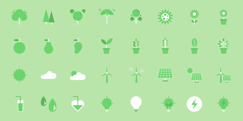 Set of environment icons that include trees, flowers, plants, sun, cloud, windmill, solar panel, heart, water, bulb, and energy. Vector icons.