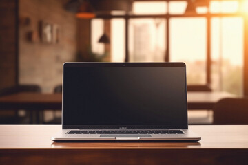 Laptop with blank screen on table in cafe. Mock up