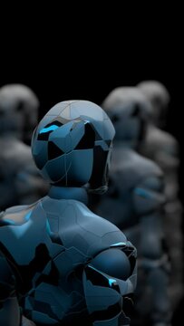 movement of a squad of humanoid robots, rear view, artificial intelligence, dark background, 3D rendering, cyclic animation