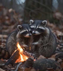 Two raccoons huddled close together beside a small campfire among fallen leaves, creating a cozy and somewhat humanized wilderness scene - AI Generated Digital Art