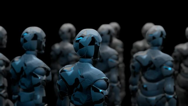 movement of a squad of humanoid robots, rear view, artificial intelligence, dark background, 3D rendering, cyclic animation