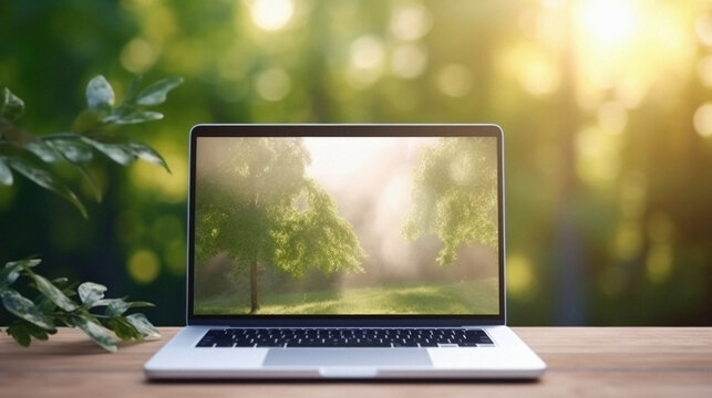 Laptop on wooden table with green nature bokeh background .