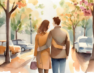 Jolie illustration d'un couple enlacé qui se tient par la taille et marche dans la rue, , vue de dos, stylisé, naïf, image douce, aquarelle, 