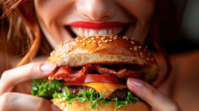 A young woman is eating a sandwich, an appetizing juicy burger.