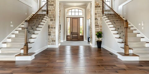 Country house entrance with hardwood stairs stoneclad wall and a sitting room visible through double glass doors. Concept Country House Design, Hardwood Stairs, Stone-Clad Wall, Sitting Room