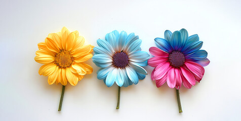 A row of colorful flowers with a white background. The flowers are of different colors. The arrangement creates a cheerful and vibrant atmosphere. Whimsical Daisies in a Rainbow Gradient