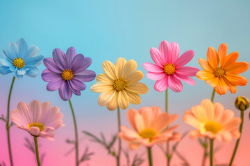 A row of colorful flowers with a blue background. The flowers are of different colors. The arrangement creates a cheerful and vibrant atmosphere. Whimsical Daisies in a Rainbow Gradient