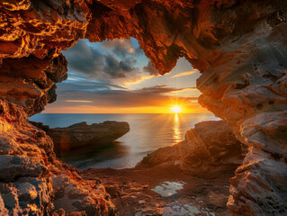 Dramatic coastal cave opening revealing a stunning ocean sunset with rich colors and rock textures