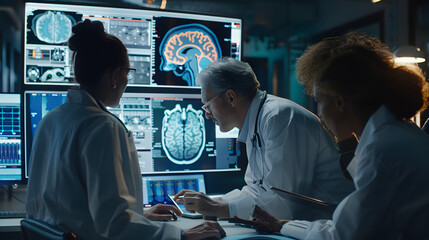 Hospital research lab: Neurologists watch TV, analyze MRI brain scans, find treatment for patients. Healthcare neurologist treats people. Zoom view of the brain. Neurosurgery - obrazy, fototapety, plakaty