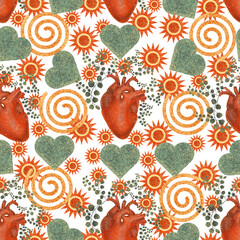 seamless pattern with red human hearts and green hearts