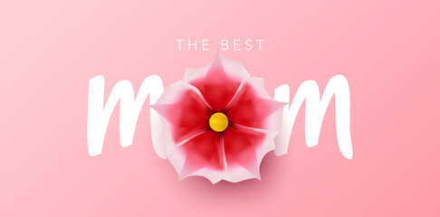 The Best Mom background vector illustration. Mother's Day greeting card for realistic 3d pink flowers, red and white hearts, pink gradient background.