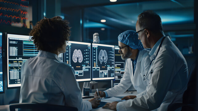 Hospital research lab: Neurologists watch TV, analyze MRI brain scans, find treatment for patients. Healthcare neurologist treats people. Zoom view of the brain. Neurosurgery