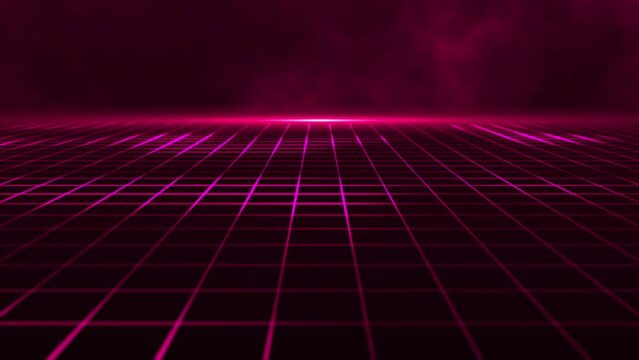 Retro futuristic cyberpunk grid motion background with red glowing neon light beams. This stylish synthwave animation is full HD and a seamless loop.