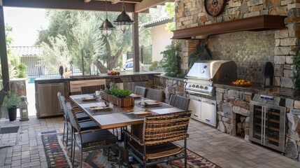 Fototapeta na wymiar Outdoor Kitchen With Grill and Dining Table