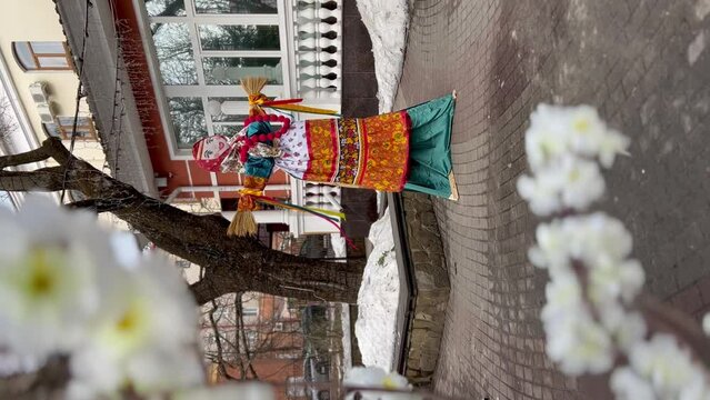 A symbolic vintage female figure of Maslenitsa in a multicolored Slavic-style costume stands on the path near the house against the background of cherry branches with white flowers