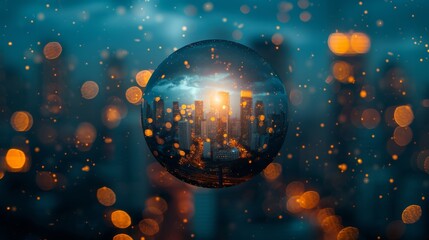 An abstract cityscape at night, where the city lights are seen through a glass blur circle in the center, set against a deep blue and black gradient background. - obrazy, fototapety, plakaty