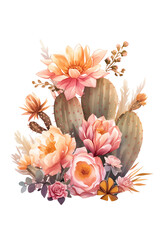Obraz premium Dryland desert cactus and rose composition watercolor illustration, isolated floral clip art. Wild West cowgirl aesthetic decorative flower arrangement