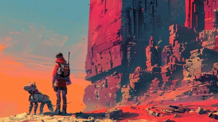 An adventurous girl and her robotic dog exploring ancient ruins on a distant planet, with bold, dynamic colors highlighting the mysterious and futuristic atmosphere.