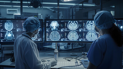 Hospital research lab: Neurologists watch TV, analyze MRI brain scans, find treatment for patients. Healthcare neurologist treats people. Zoom view of the brain. Neurosurgery - obrazy, fototapety, plakaty