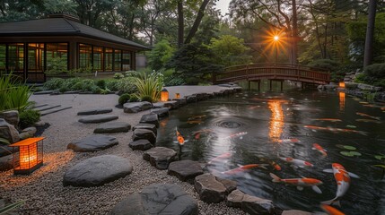 Serene Japanese Garden with Koi Pond at Sunset