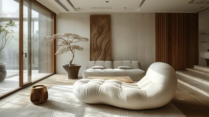 Modern Living Room Interior with Designer Furniture and Decorative Plants