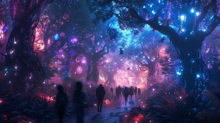 An enchanted forest rave, with mystical creatures as attendees, illustrated with glowing bioluminescent plants and magical lighting effects.