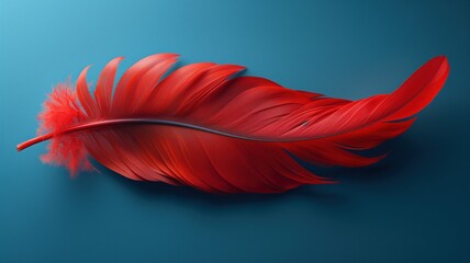 A red feather is shown on a blue background. The feather is the main focus of the image, and it is the most prominent object in the scene